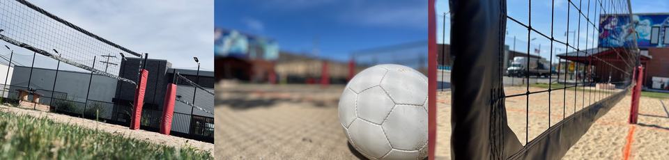 Three views of the sand volleyball court: net and padded poles, a volleyball in the sand, and the net against the neighborhood mural.